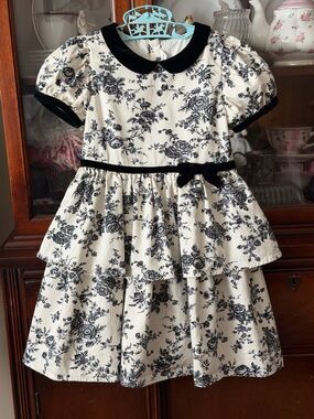 Janie and Jack Girls Cream and sugar Floral  toile Dress Black velvet Trim